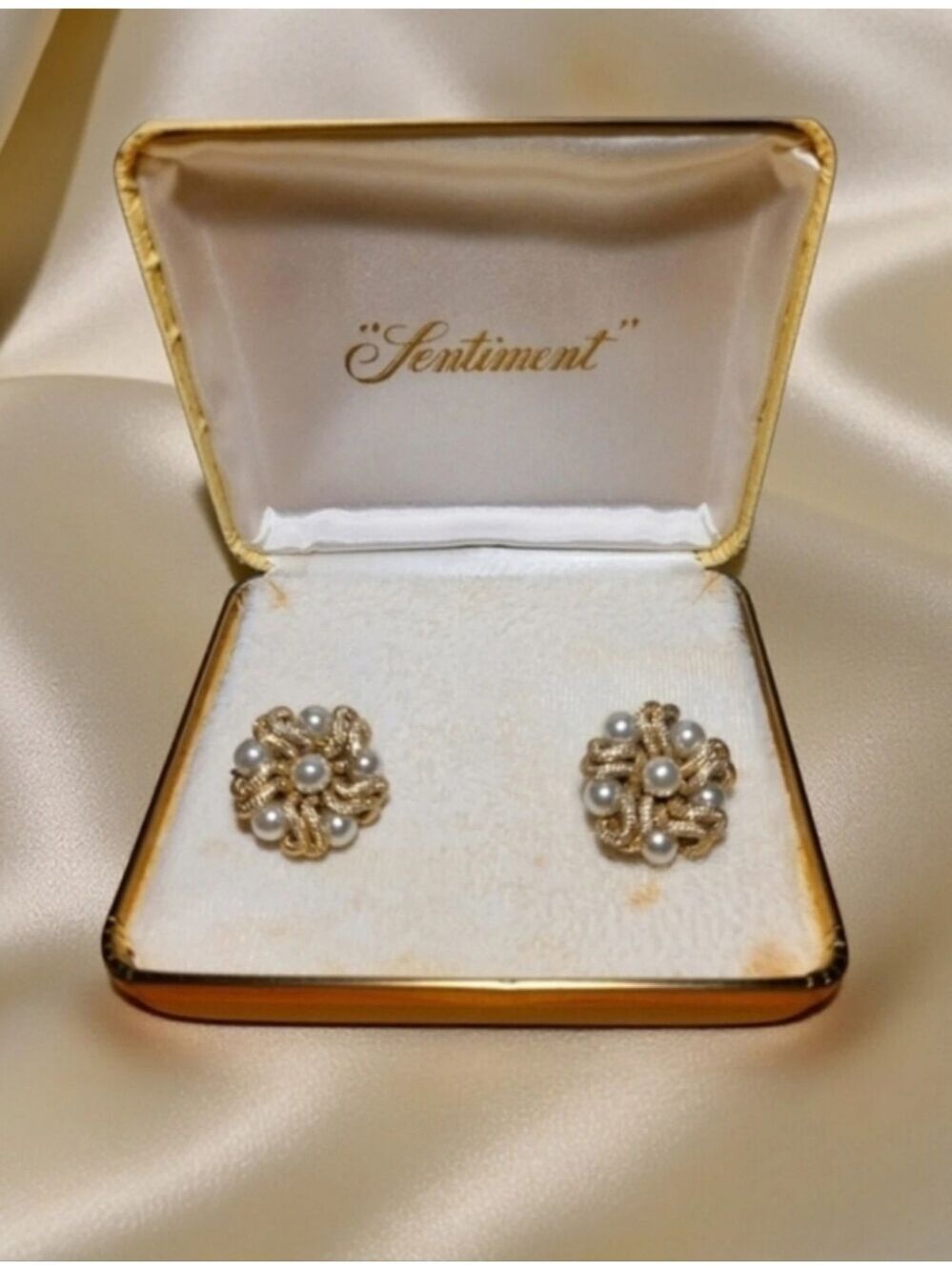 Vintage Mid Century "Sentiment" Gold Tone Faux Pearl Knot Clip-On Earrings